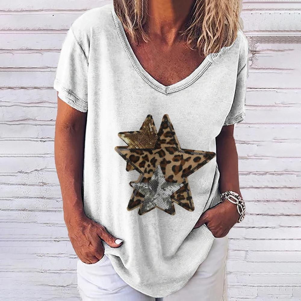 T-shirt da donna estiva scollo a V maniche corte 3D pentagramma stampato abbigliamento casual allentato pullover hip-hop streetwear
