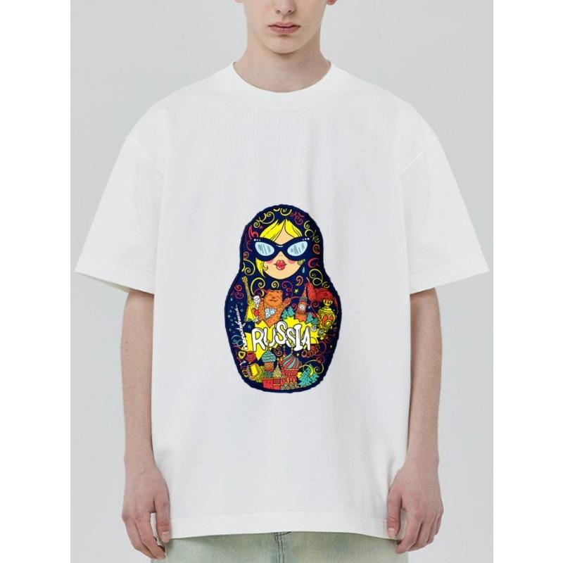 Unisex Oversized T Shirt Black Russia Matryoshka Doll with Sunglasses and Traditional Symbols Print Casual Streetwear for Daily Wear and Travel