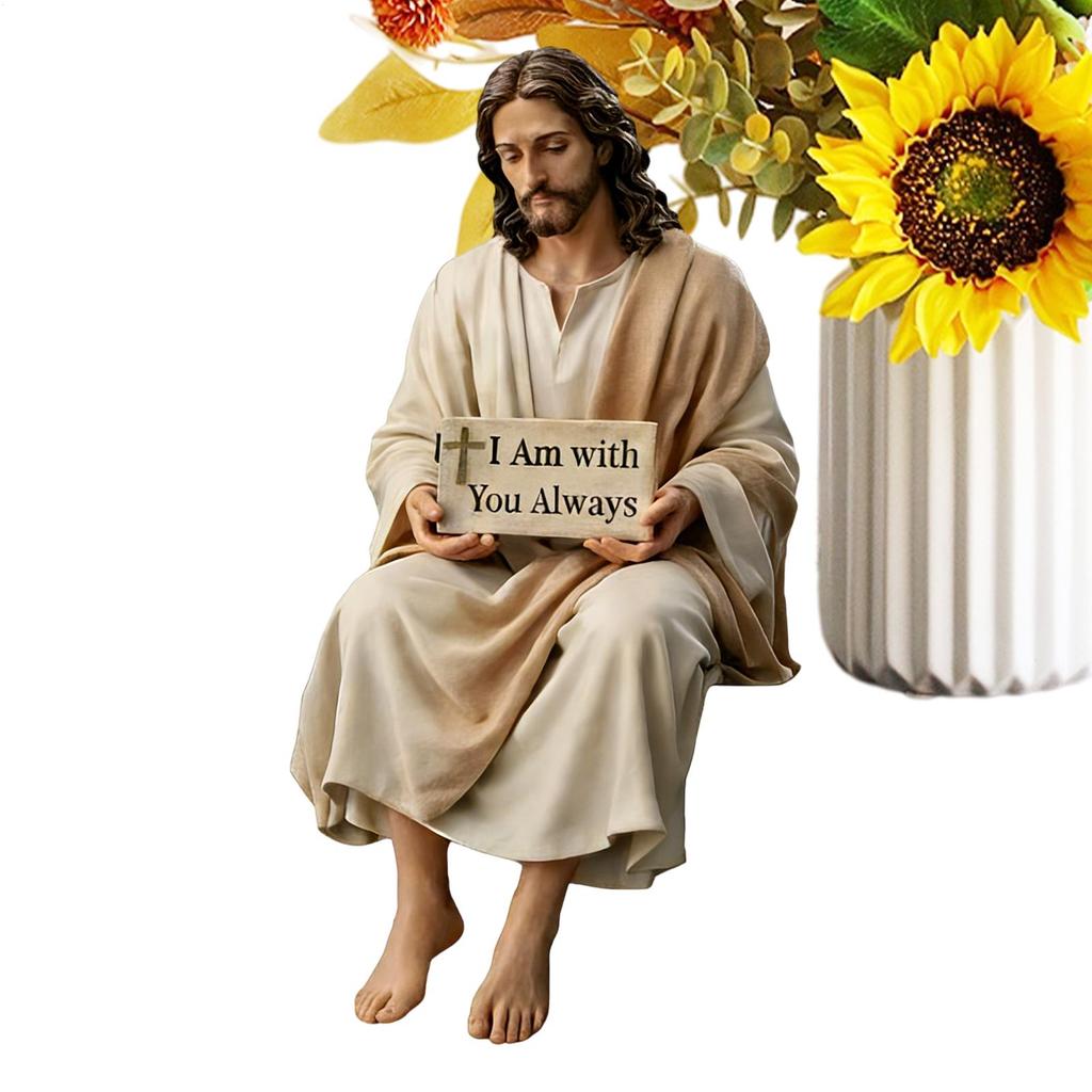 Jesus Resin Figurine Sitting Pose I Am with You Always Sign Unique Jesus Christ Statue Desk Companion Home Decoration
