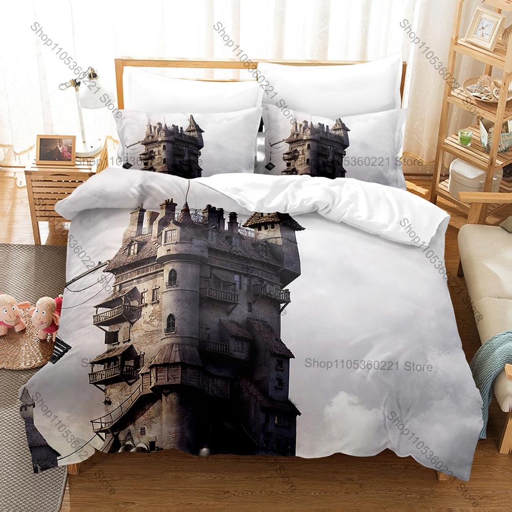 Cool Magic Fantasy Medieval Castle Ancient Tower Building HD Print Bedding Set Duvet Cover + 2 Pillowcases Fantasy Game Room Dec