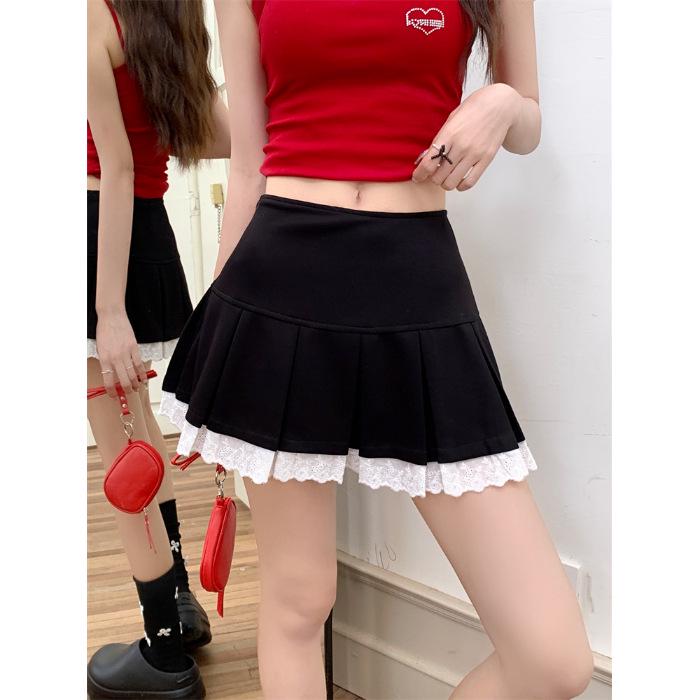 Gray High-Waisted Pleated Lace Mini Skirt - Women's Ballet Style, Summer A-Line, Anti-Exposure, Zipper.