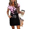 Women's Summer V-Neck Casual Short Sleeve Drawstring With Pocket Vintage Floral Dresses