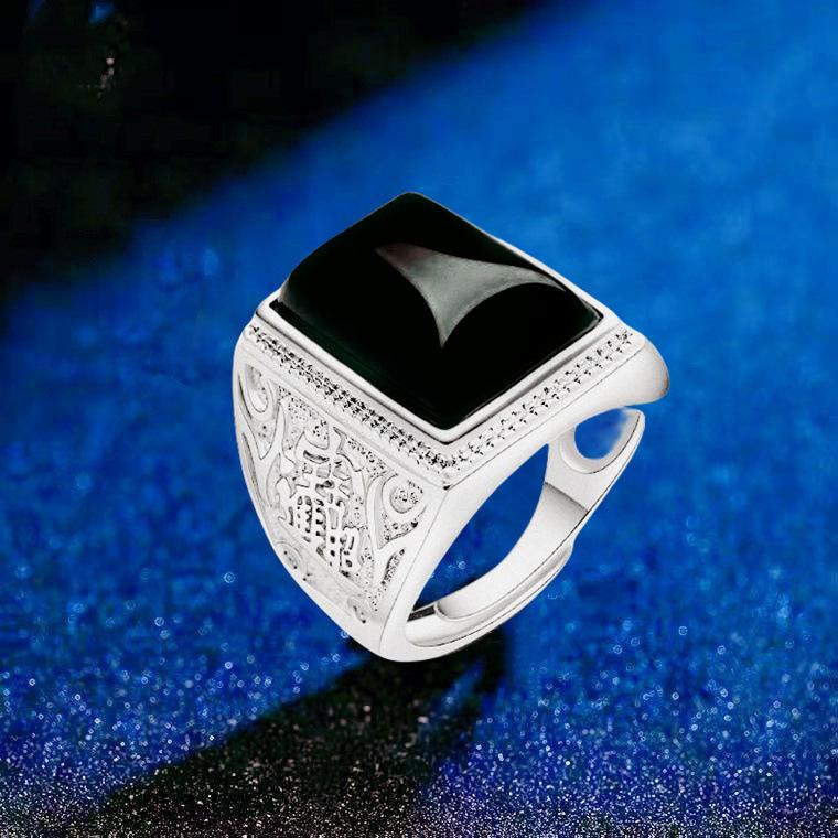 Ethnic Hollow Imitation Green Agate Men Adjustable Ring
