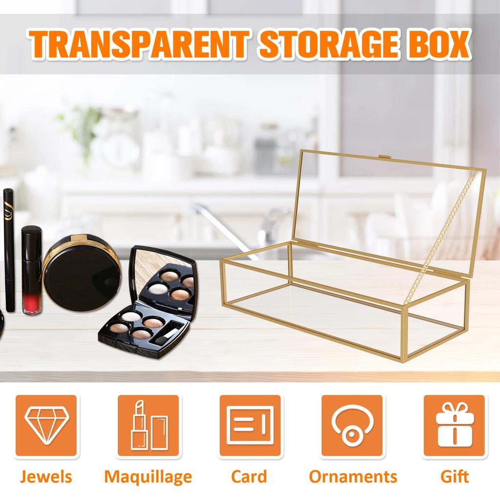 Glass Jewelry Box Vintage Jewelry Organizer Box with Hinged Lid and Mirrored Bottom Transparent Desktop Decorative Golden