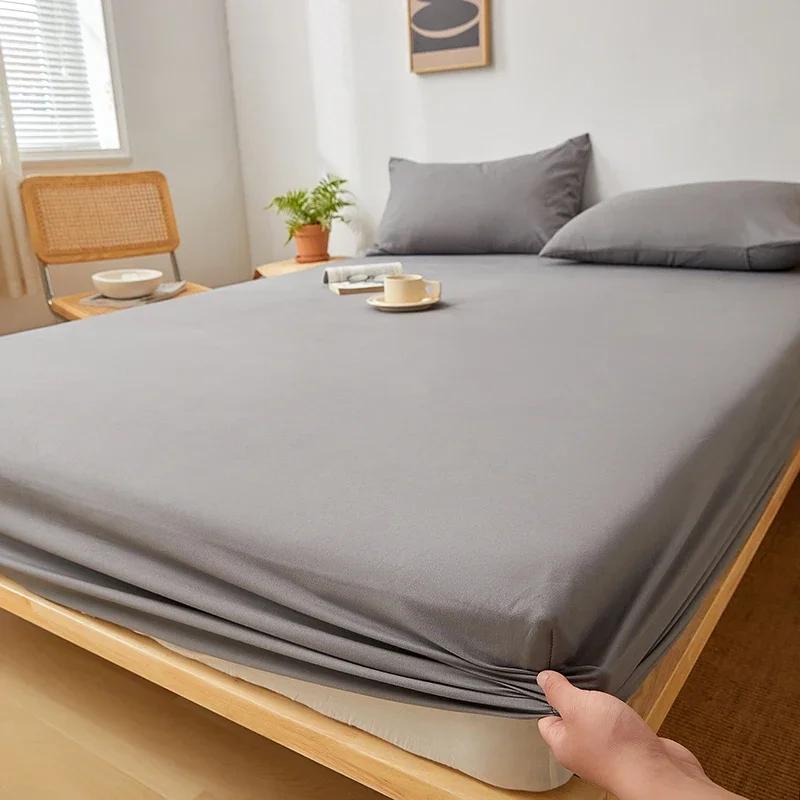 Soild Color Waterproof Fit Sheet with Elastic Band Non Slip Adjustable Mattress Cover for Double King Queen Bed 90/120/150/180/200cm