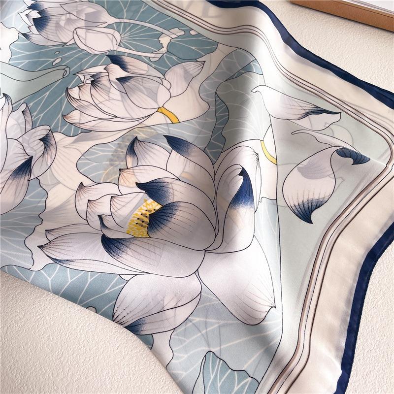 68Cm Lotus Pattern Square Scarf Women Simulated Silk Plant Print Versatile Headwear Clothing And Accessories Square Scarf