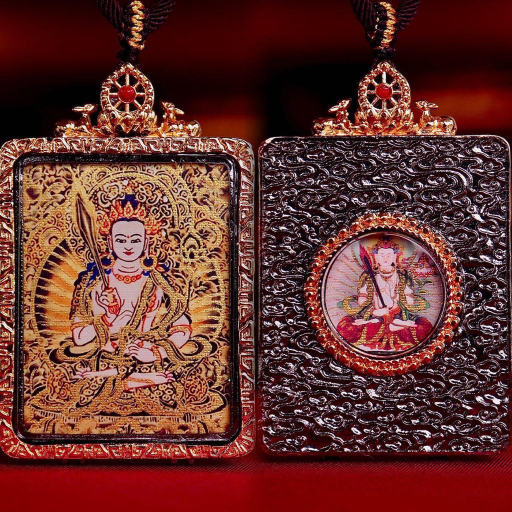 Qinghai Thangka Pendant: Eight Protectors Series, Semi-Hand-Painted Double-Sided Amulet with Guardian Deity.