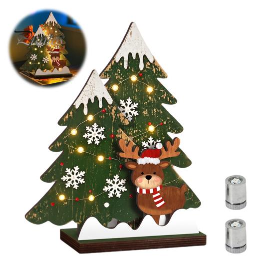 Exquisite Wood Craft Wooden Christmas Tree Table Decor with LED Light, Rustic Standing Sign Party Supplies Reindeer Santa Claus for Holiday