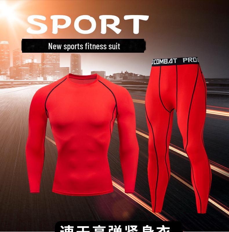 Men's Quick-Dry Red Long-Sleeve Sports Tights for Autumn/Winter Running, Training, Basketball, or Fitness