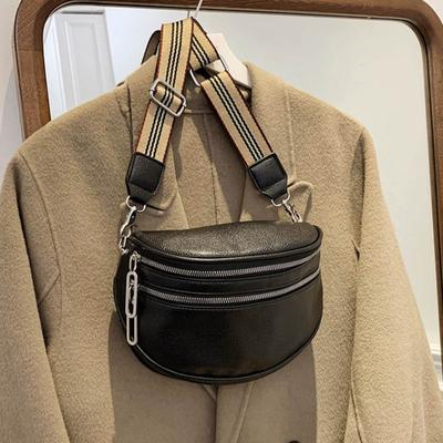 High Looks Simple Fashion Double Zipper Fanny Pack Daily Commuting with A Wide Shoulder Strap Leather Shoulder Bag