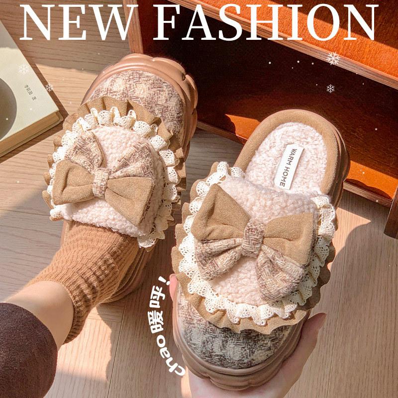 Winter new lace sweet less heart lace bow outer wear indoor velvet warm plush cotton mop cotton shoes