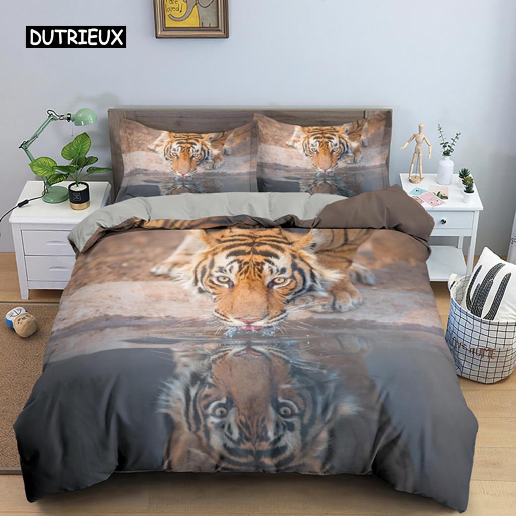 Tiger Duvet Cover Soft Comforter Cover Microfiber Animal Bedding Set Tiger Pattern Quilt Cover for Room Decor 2/3Pcs Bedclothes