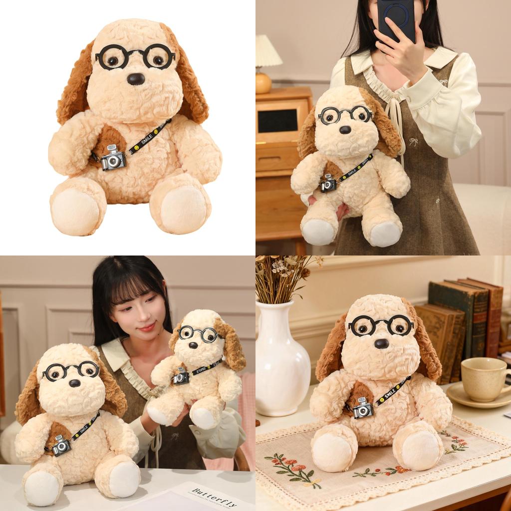 Cachorro de Pelúcia com Câmera e Óculos para Crianças e Colecionadores Decoração
