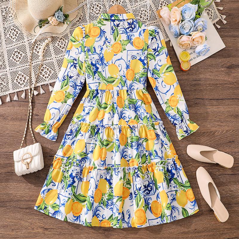 Girls' Dress Children's Clothing Autumn Winter New Style Floral Print Long-sleeved Girl 8-12Y Princess Dress