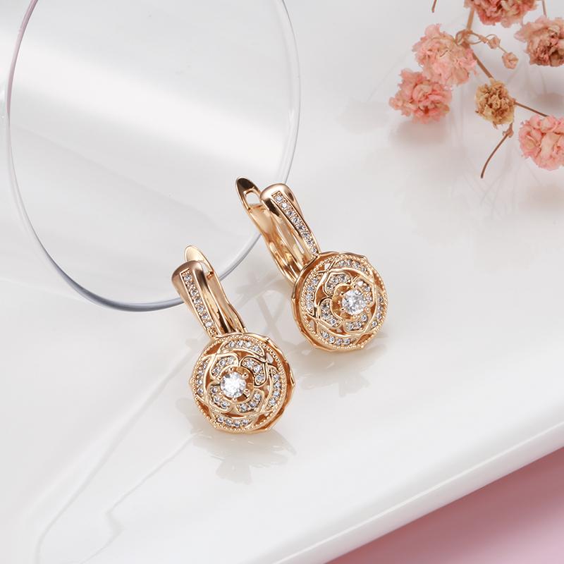 New  Rose Gold Color Flower Drop Earrings For Women Micro Inlay Natural Zircon Accessories Vintage Fine Daily Jewelry