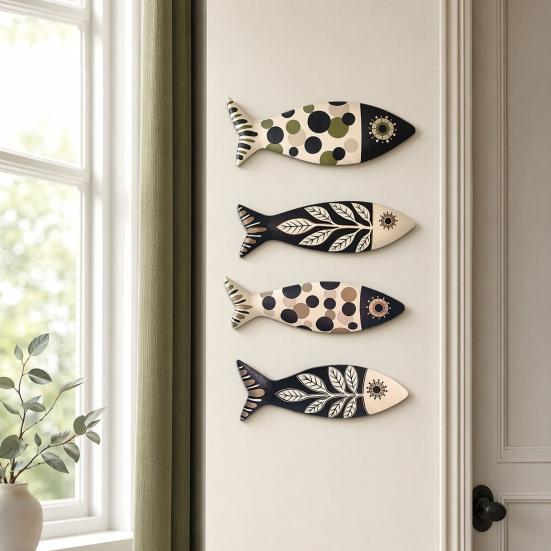4Pcs Wooden Fish Wall Decor, Rustic Farmhouse Ocean Fish Wall Art, Vintage Beach Nautical Coastal Theme Fish Decor for Home Lake Ocean Bathroom