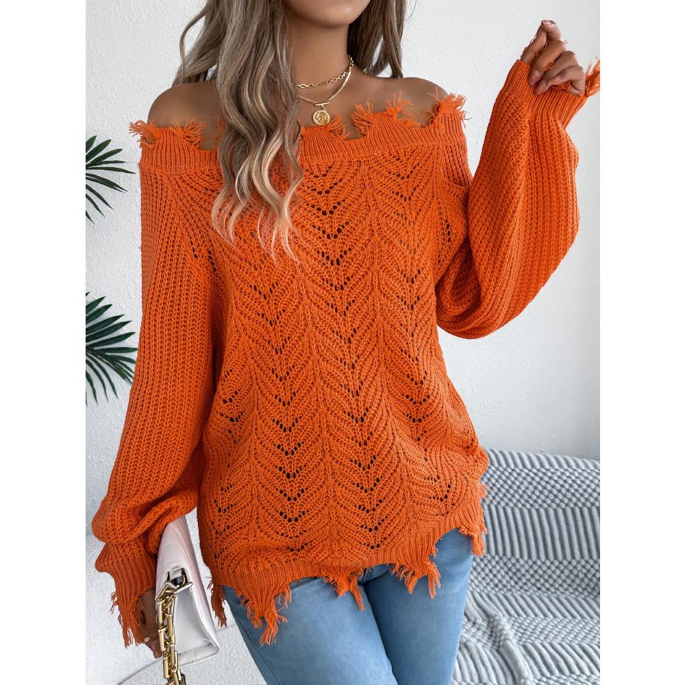 Women's Knitted Sweater for Autumn/Winter Solid Colour Lace-Up Long Sleeves Ragged Hem Off-Shoulder Pullover Loose-Fit Top