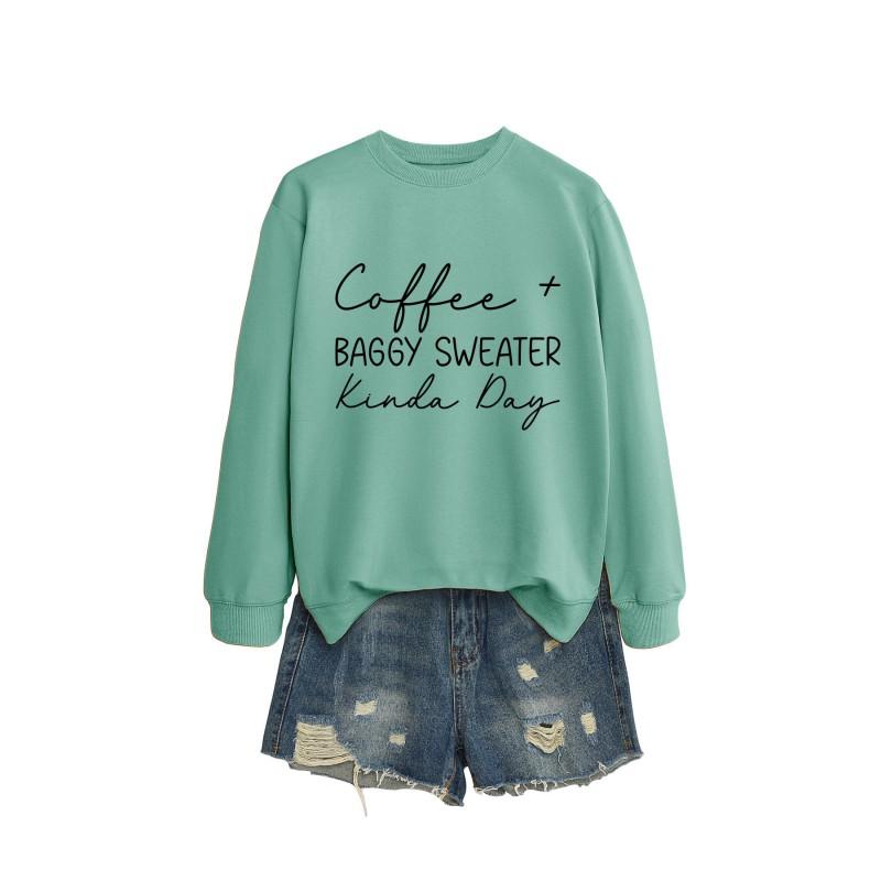 Womens Oversized Round Neck Long Sleeve Cotton Blend Casual Sweatshirt With Print - Loose Fit Comfort Top