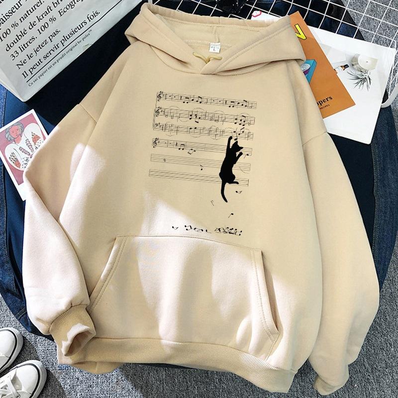 New Black Long Sleeve Hoodie Tops Woman Cat Shark Hooded Sweatshirts Funny Animal Cartoon Printing Graphic Pullover Streetwear