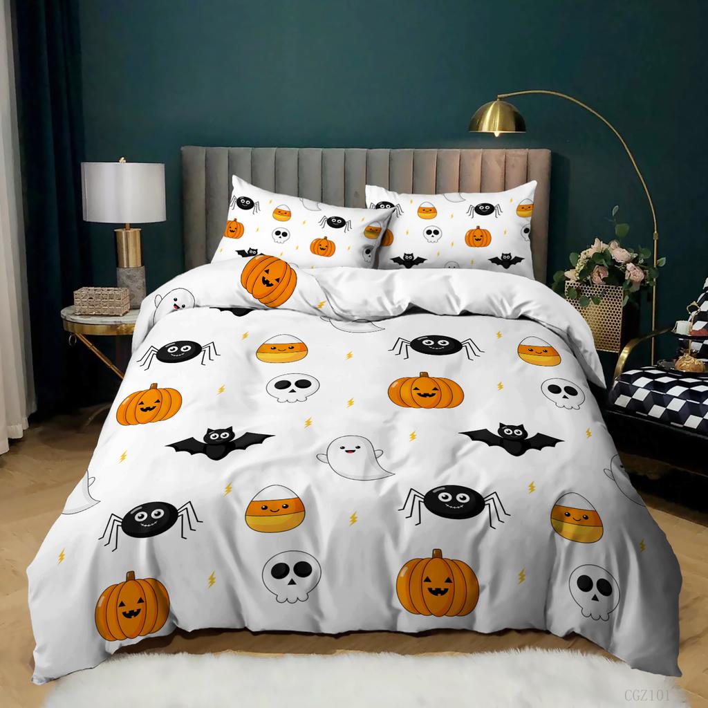 Halloweenský motiv Polyesterová sada povlaku na přikrývku King Queen Size Duch Dýně Lucerna Netopýr pro Děti Chlapce Dívky Gotický Strašidelný Kreslený
