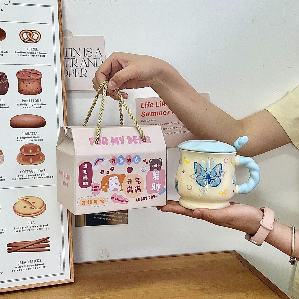 Butterfly Mug Girl Heart Ceramic Cup with Lid with Spoon High Value Water Cup Office Coffee Breakfast Cup