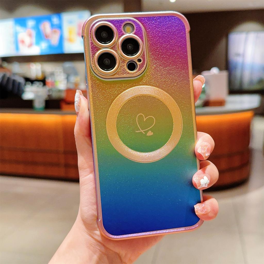 For iPhone 15 Pro Magnetic Case Iridescent TPU Phone Cover Side Small Love Heart Pattern