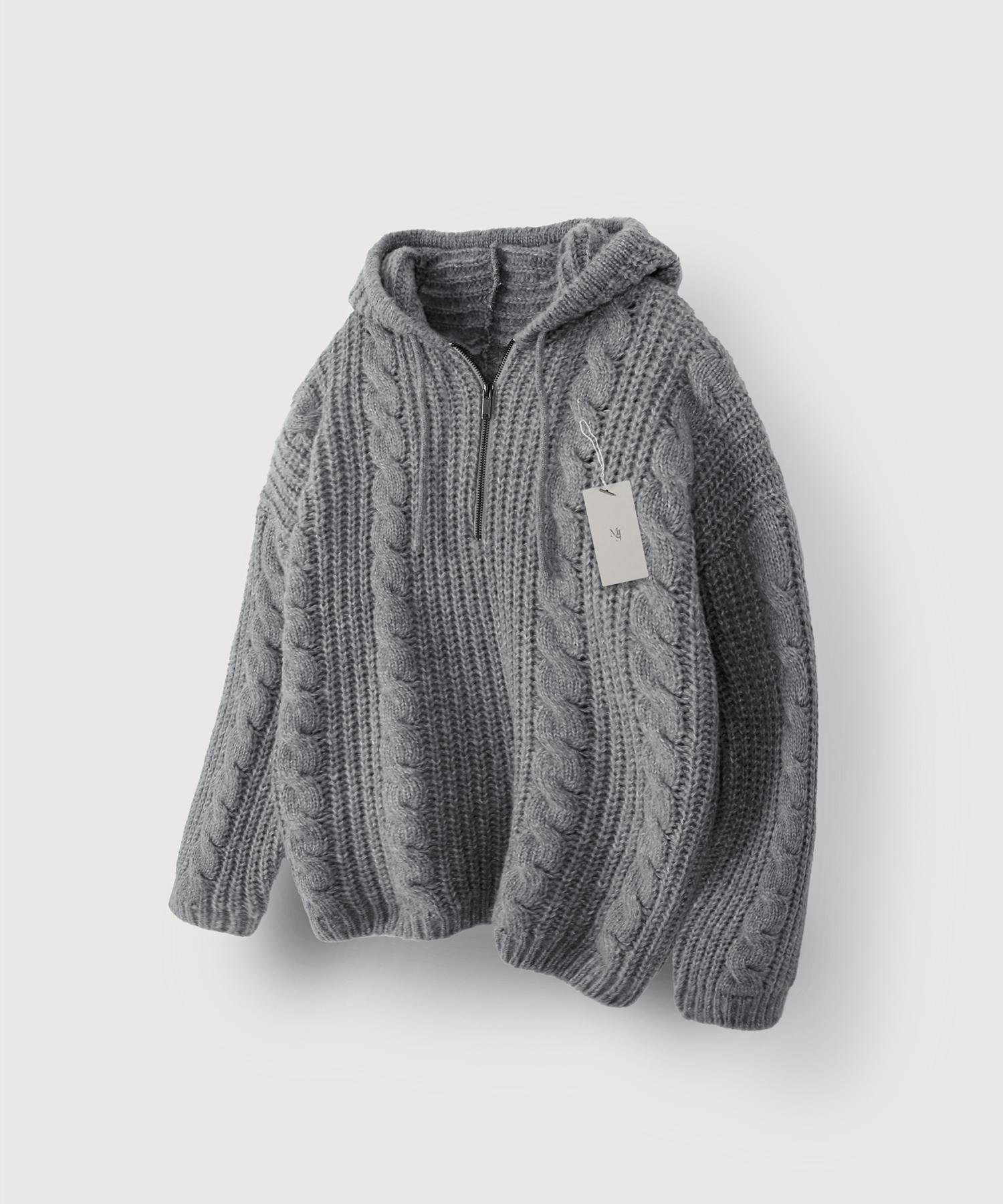 Mood Inside Cable Knit Half-Zip Hoodie_Gray M