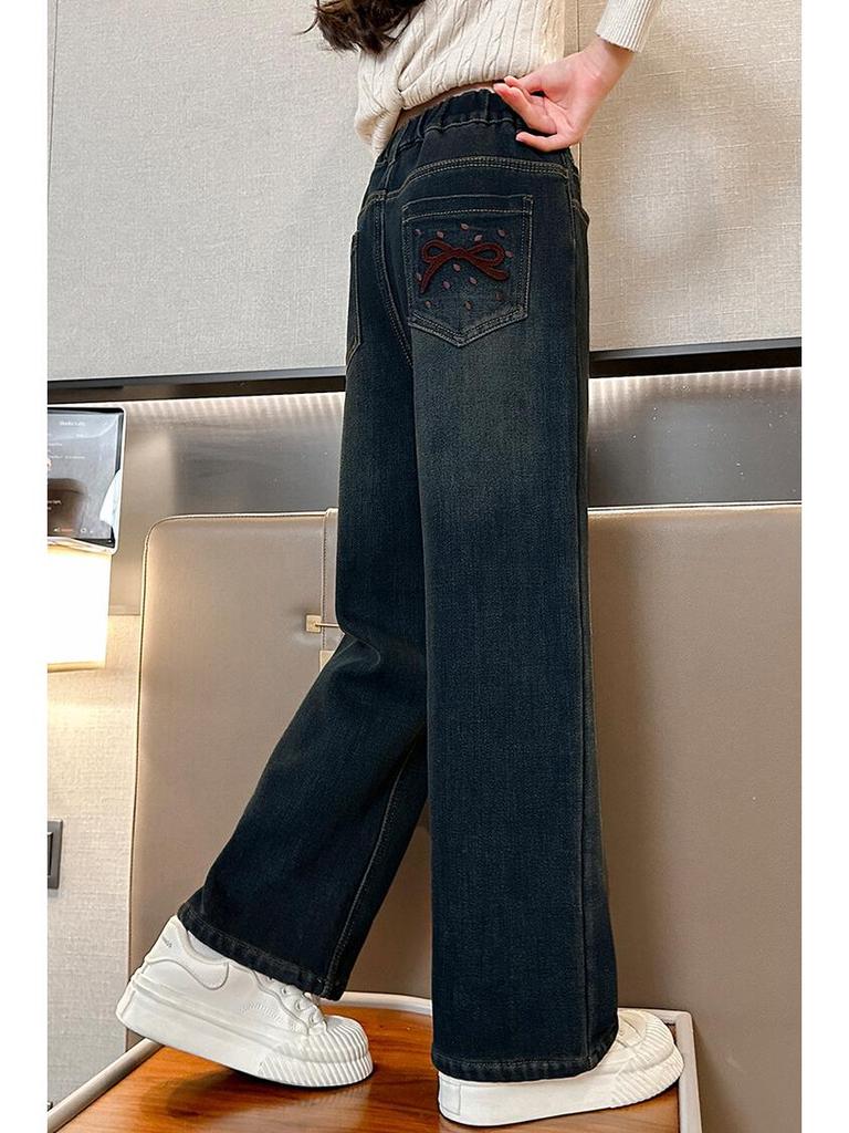 Girls' Plush Velvet Wide-Leg Jeans - Autumn/Winter 2025 Collection