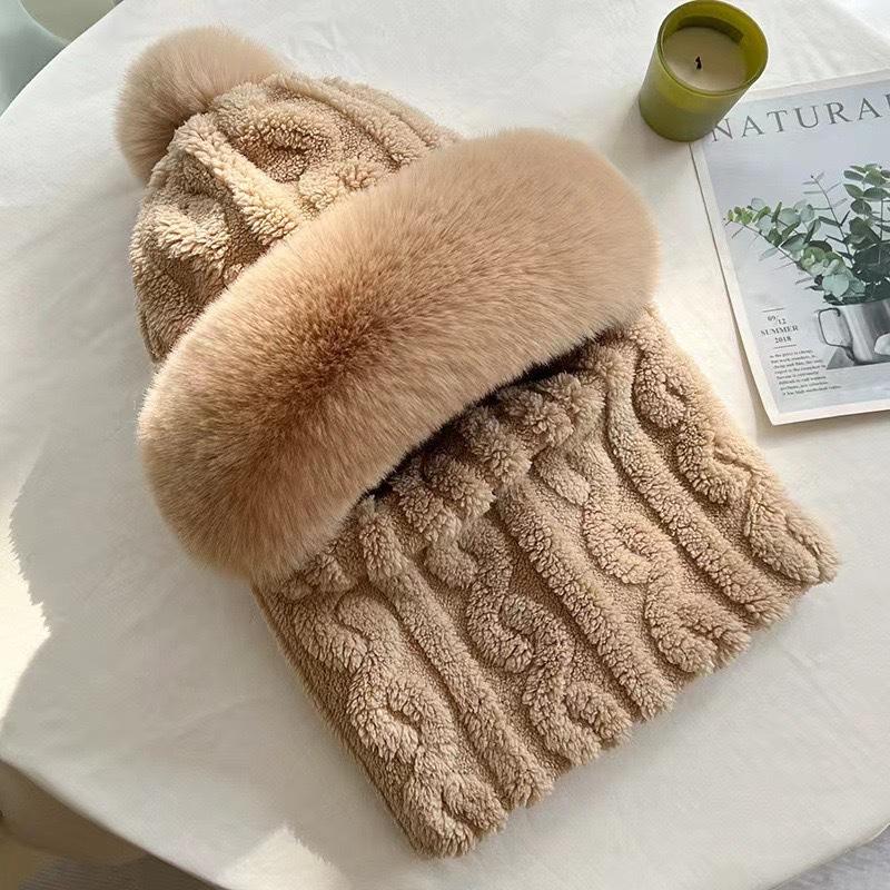 Thickened One Piece Hat for Women Winter Fur Ball Twist Neck Scarf Hat  One Piece Cycling Warm and Windproof High Quality Plush Hat