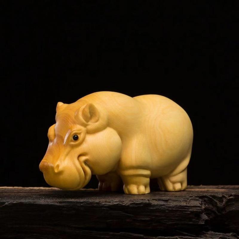 Taihang Cliff Cypress African Animal Trio Carving - Cute Wooden Hippopotamus, Elephant & Rhinoceros Ornament