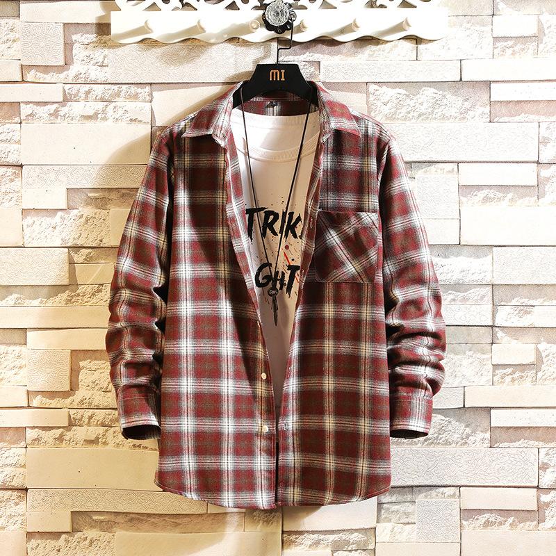 

Men s Casual and Versatile Checked Long-sleeved Shirt Men s Japanese Loose Pocket Shirt Jacket M червоний