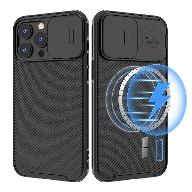 Slide Camera Lens Protection Magnetic Case for iPhone 15 13 12 14 Pro Max Plus For Magsafe Wireless Charging Soft Silicone Cover