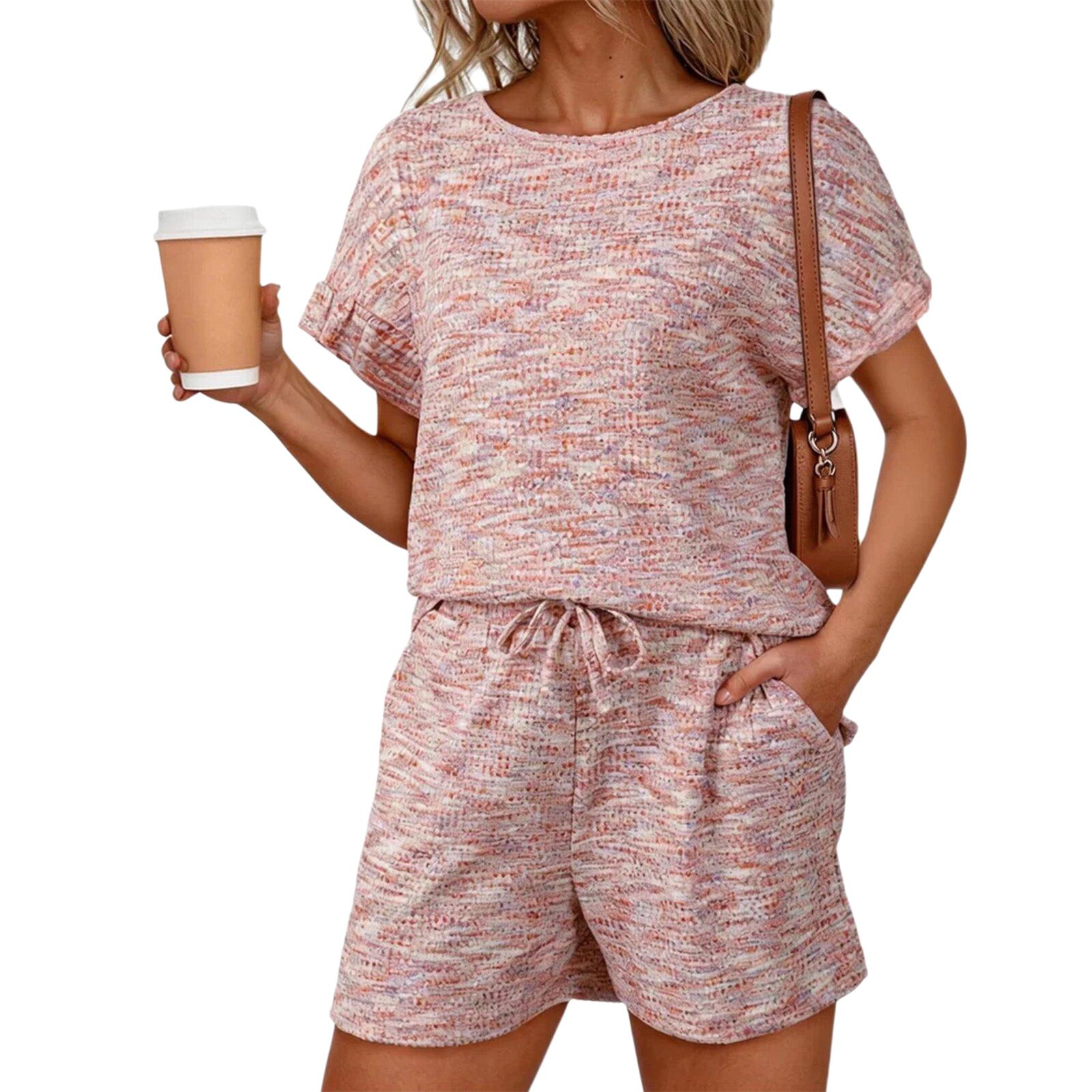 

Women s Round Neck Pullover Sleeve Drawstring Pocket Shorts Set XL рожевий