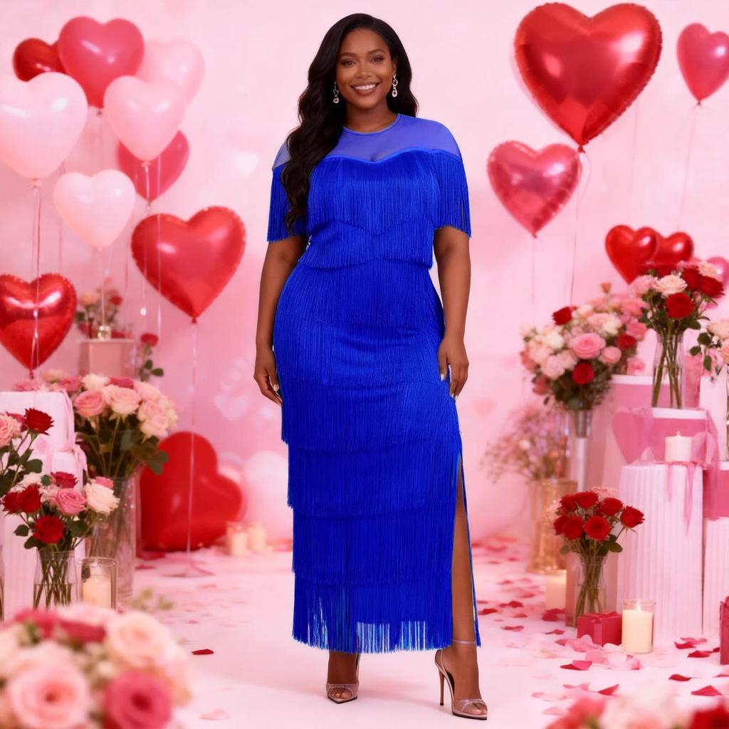 Falda Transparente con Borlas y Abertura Lateral de Cuello Redondo para Mujer Tallas Grandes - Vestido para Fiesta de Vino y Banquete