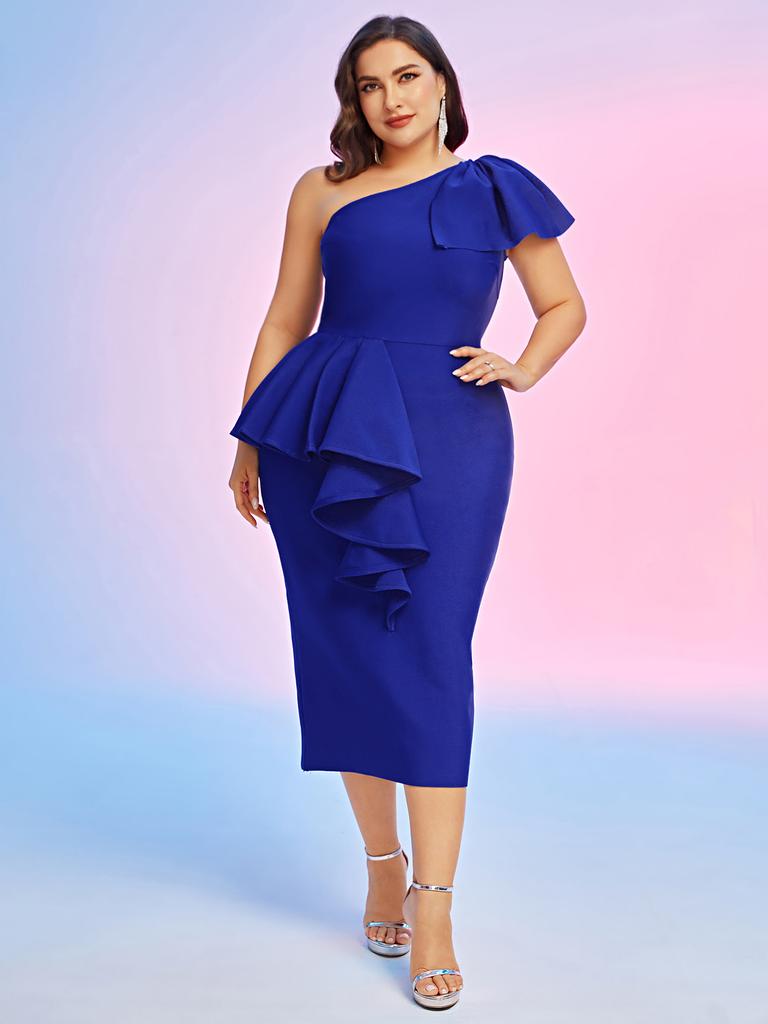 New Oblique European and American Large-size Temperament Dress Elegant One-shoulder Ruffle Edge Fashion Bandage Dress Evening Dress