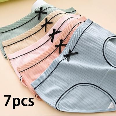 7 Stück Damen Einfarbig Schleife Slips Teenager Mid Waist Unterwäsche Mädchen Mode Brief Atmungsaktige Panty Studenten Komfort Weiche Lingerie