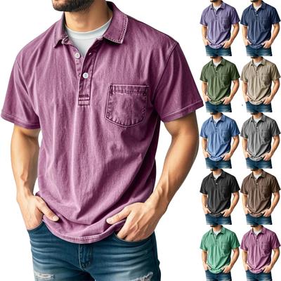Men's Summer Solid Color Vintage Button Lapel Pocket Short Sleeve Shirt Tops
