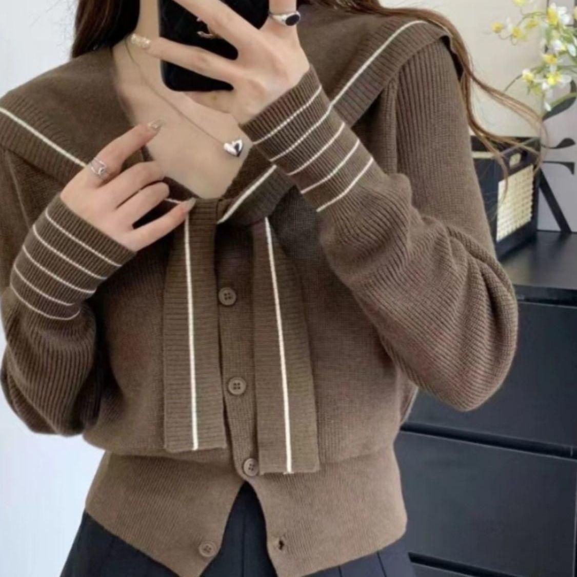 

Шикарный темно-синий кардиган-кейп с воротником для женщин - Осенне-зимний приталенный One Size кофейный