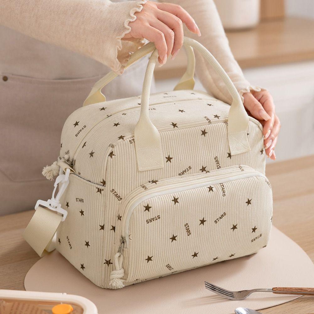 Strawberry Pattern Picnic Bag Portable Food Thermal Handbag Reusable Corduroy Lunch Bag  Hiking