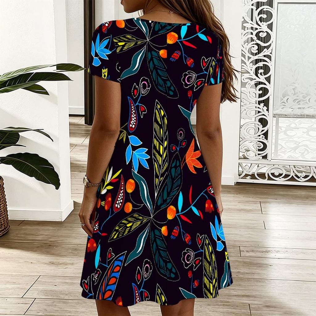 Women V Neck Vivid Blossom Printed Plus Size Summer Short Sleeve Loose Dress