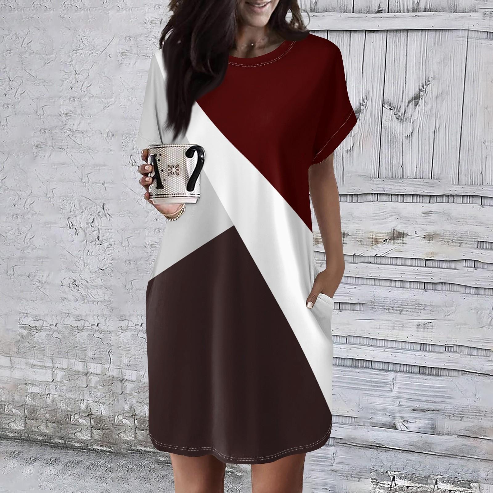 

Жіноча сукня з круглим вирізом і короткими рукавами, повсякденні літні сукні-туніки, вільна сукня з кишенею XL винний