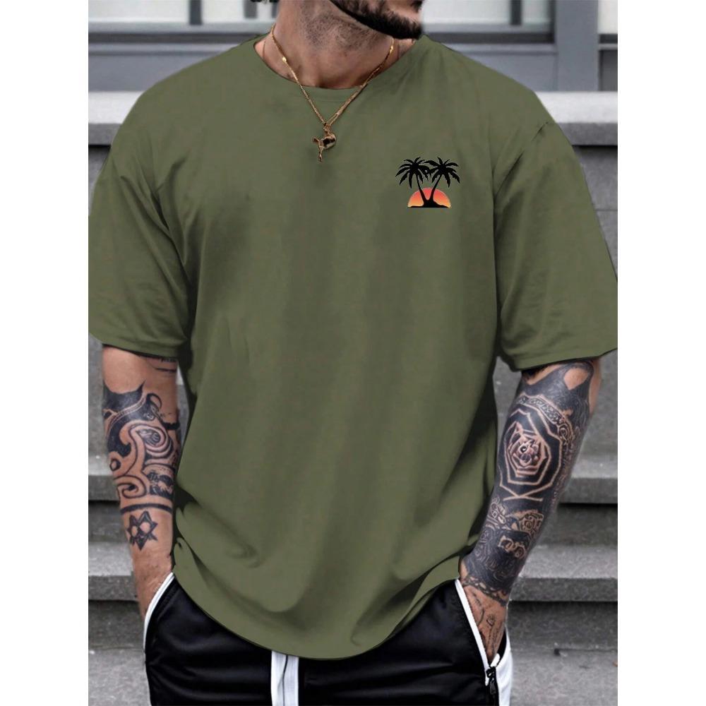 Men's Summer Cotton Fashionable Casual Loose Sports Coconut Tree and Sunset Pattern Printed Round Neck Short Sleeved T-shirt