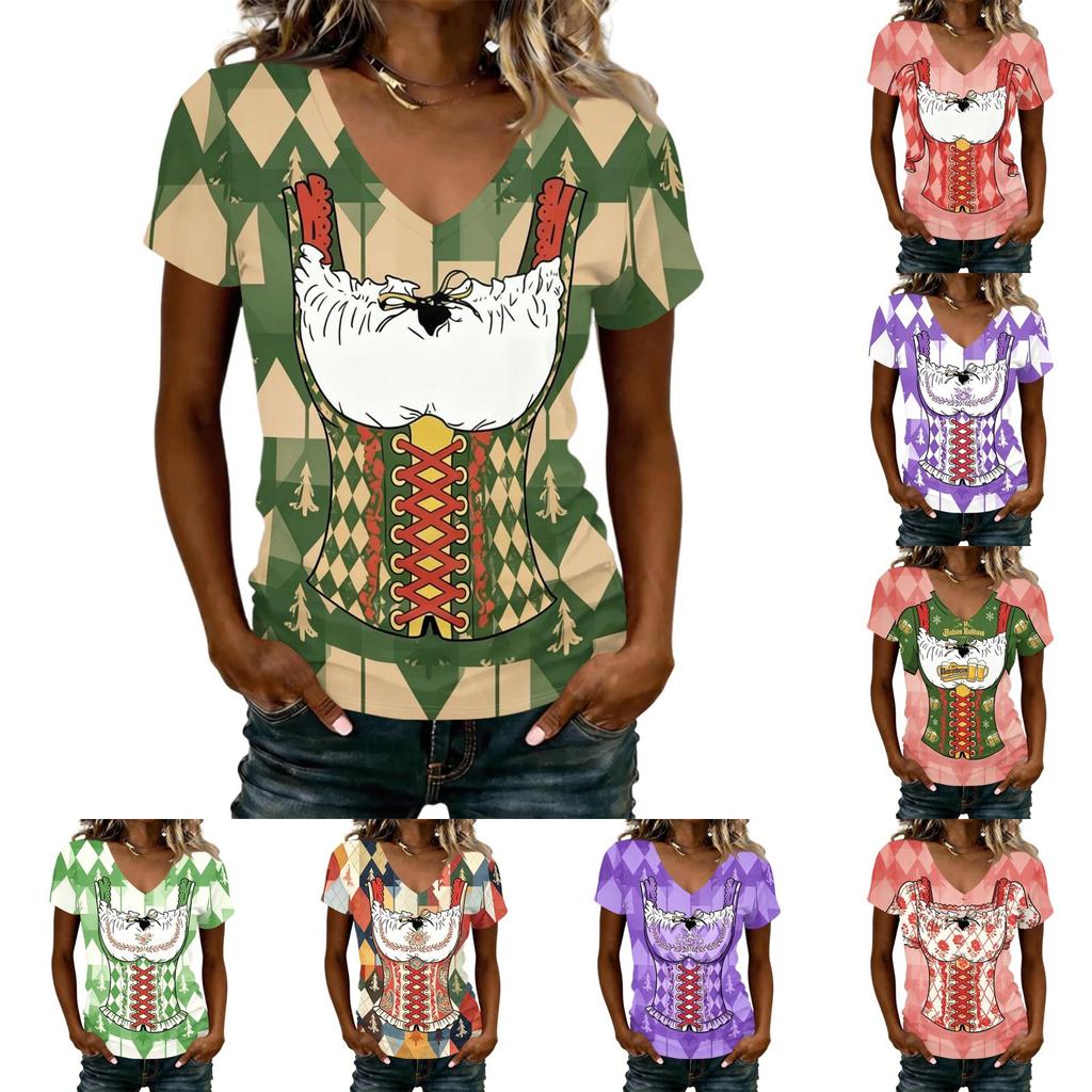 Camiseta Casual de Manga Corta con Cuello en V para Mujer con Estampado de Oktoberfest Top Tejido Ligero y Suave Ajuste Cómodo para el Uso Diario