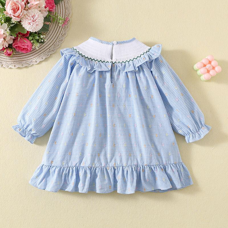 Girls Blue Plaid Smocked Dress With Cartoon Rabbit Embroidery Long Sleeve Cotton Heavy Craft Spring Autumn Kids Dress