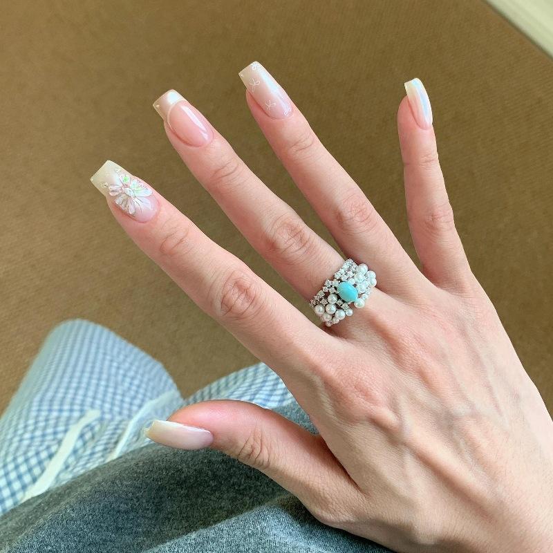 French Light Luxury Retro High Sense Diamond Turquoise Pearl Ring Romantic Court Style Gentle Temperament Ring