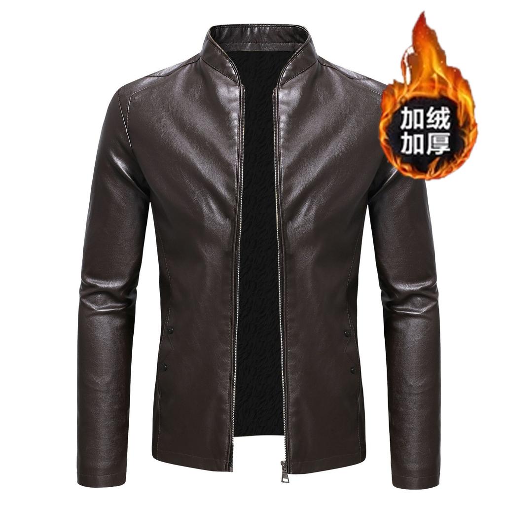 Autumn and winter youth fashion trend casual slim personality men's stand-up collar velvet thickened leather jacket