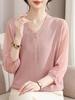 V-Neck Solid Color Knit Sweater T-Shirt for Women - Stylish Spring/Summer Sheer Sleeve Top for Middle-Aged and Elderly