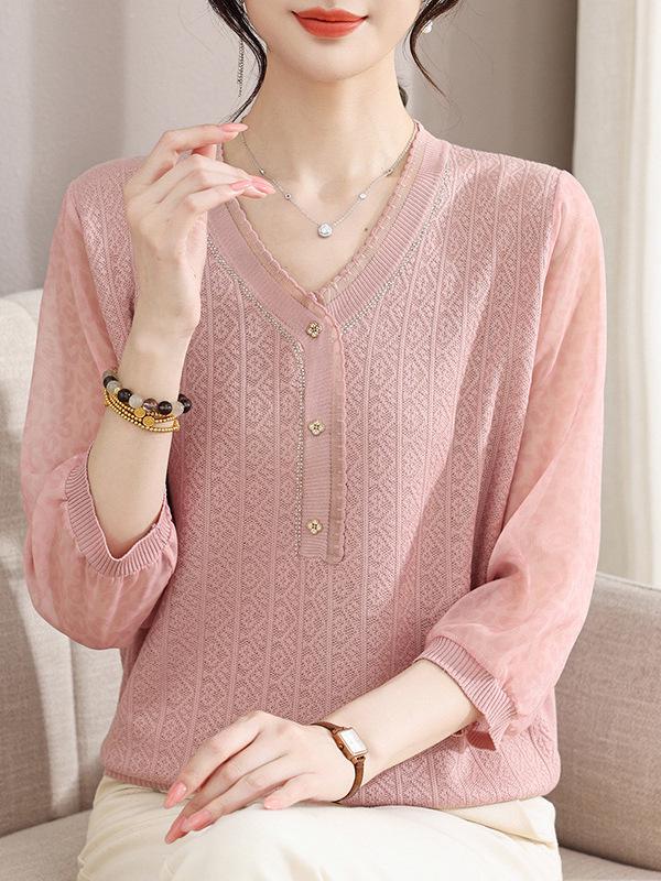 V-Neck Solid Color Knit Sweater T-Shirt for Women - Stylish Spring/Summer Sheer Sleeve Top for Middle-Aged and Elderly
