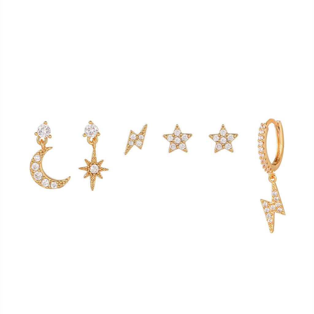 Star and Moon Chain Tassel Earrings with Hexagram Zircon Studs Set - Women's Dangle Earrings
