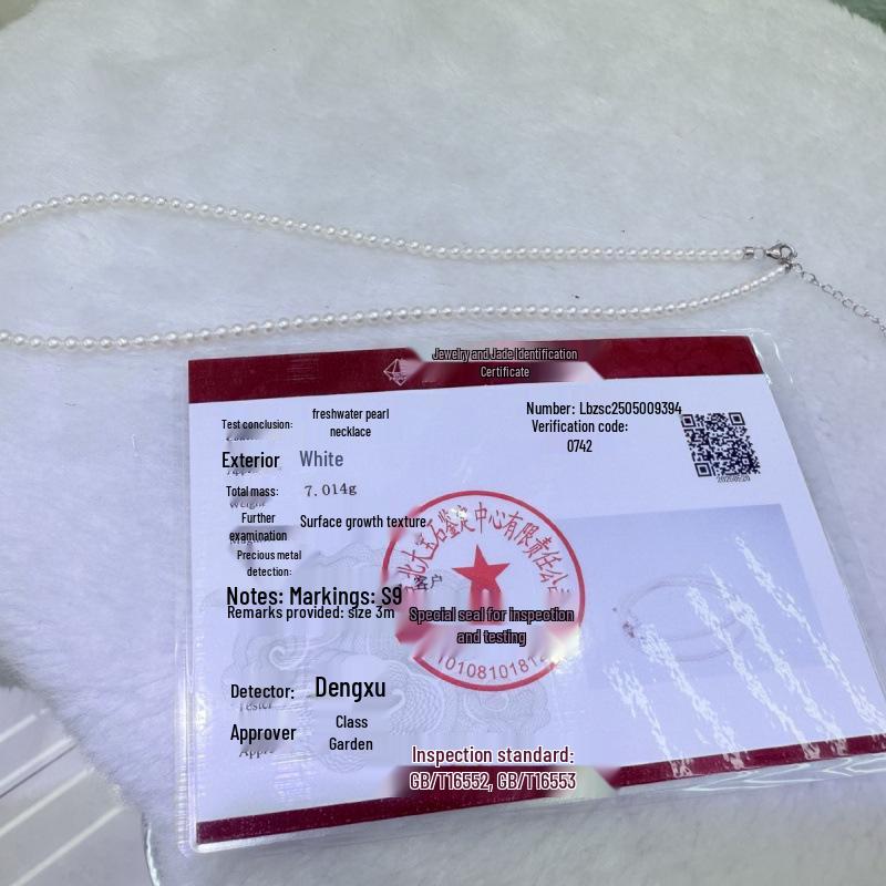 

Exquisite 3-4mm Round Natural Pearl Necklace with Sterling Silver Extension Chain and Certificate With Certificate